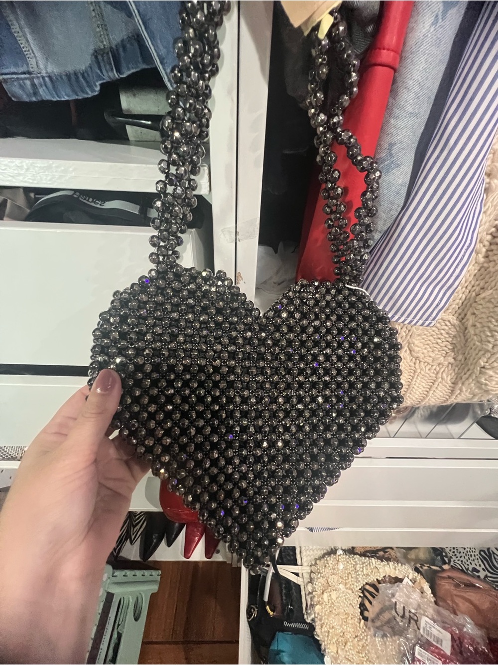 Black Beaded Heart Crossbody Bag - Picture 3 of 6